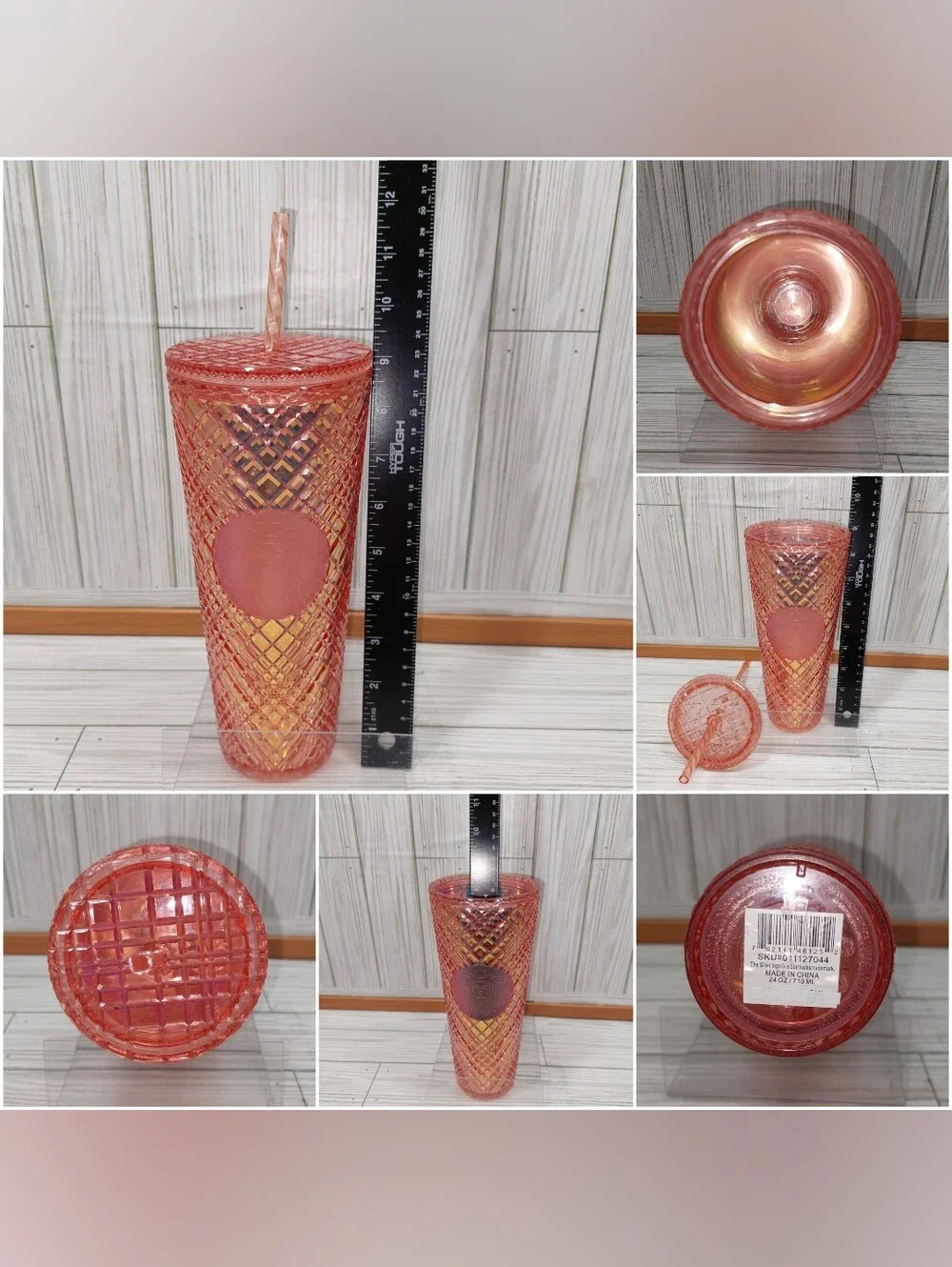 Starbucks 24oz Acrylic Peach Diamond Textured Lid & Straw Mermaid Drink Tumbler